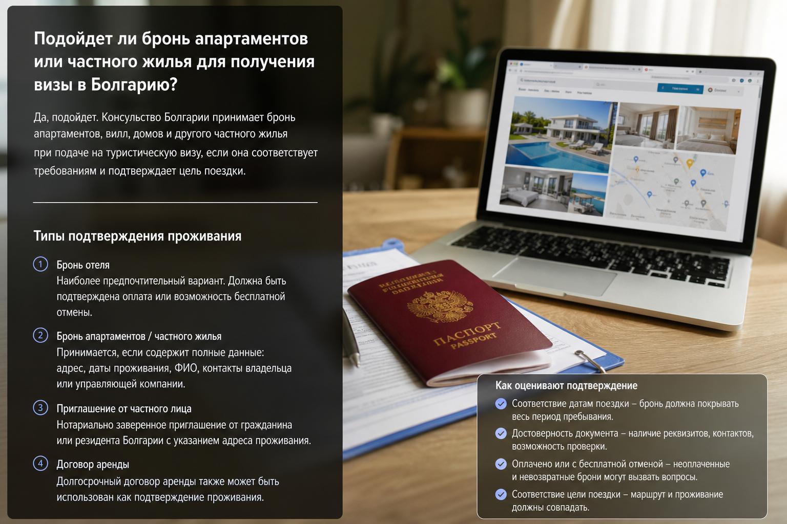 Подойдет ли бронь апартаментов или частного жилья для получения визы в Болгарию?. Какие типы подтверждения проживания существуют и как их оценивают