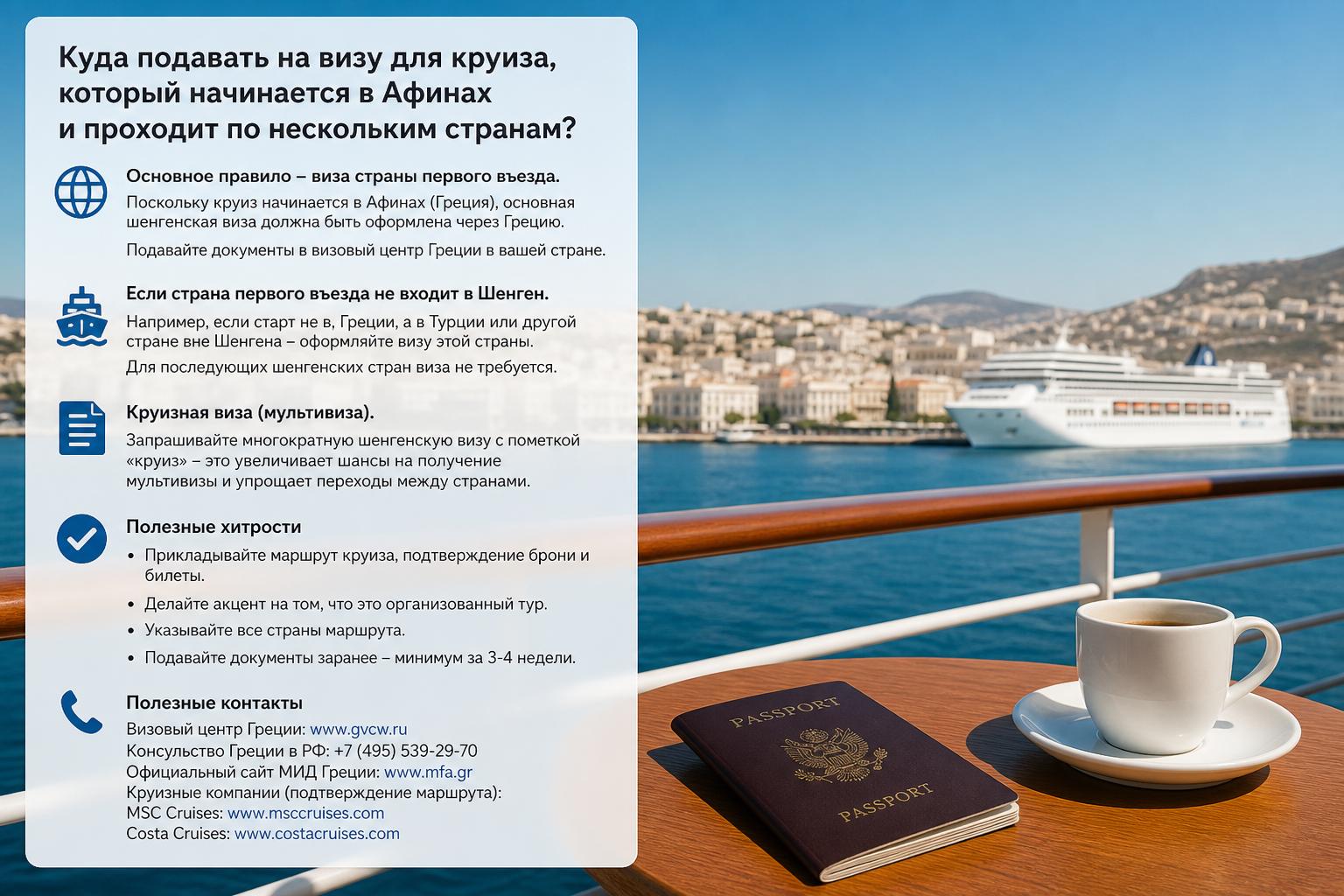 Куда подавать на визу для круиза, который начинается в Афинах и проходит по нескольким странам?. Небольшие хитрости и полезные контакты Куда подавать на визу для круиза, который начинается в Афинах и проходит по нескольким странам?. Небольшие хитрости и полезные контакты