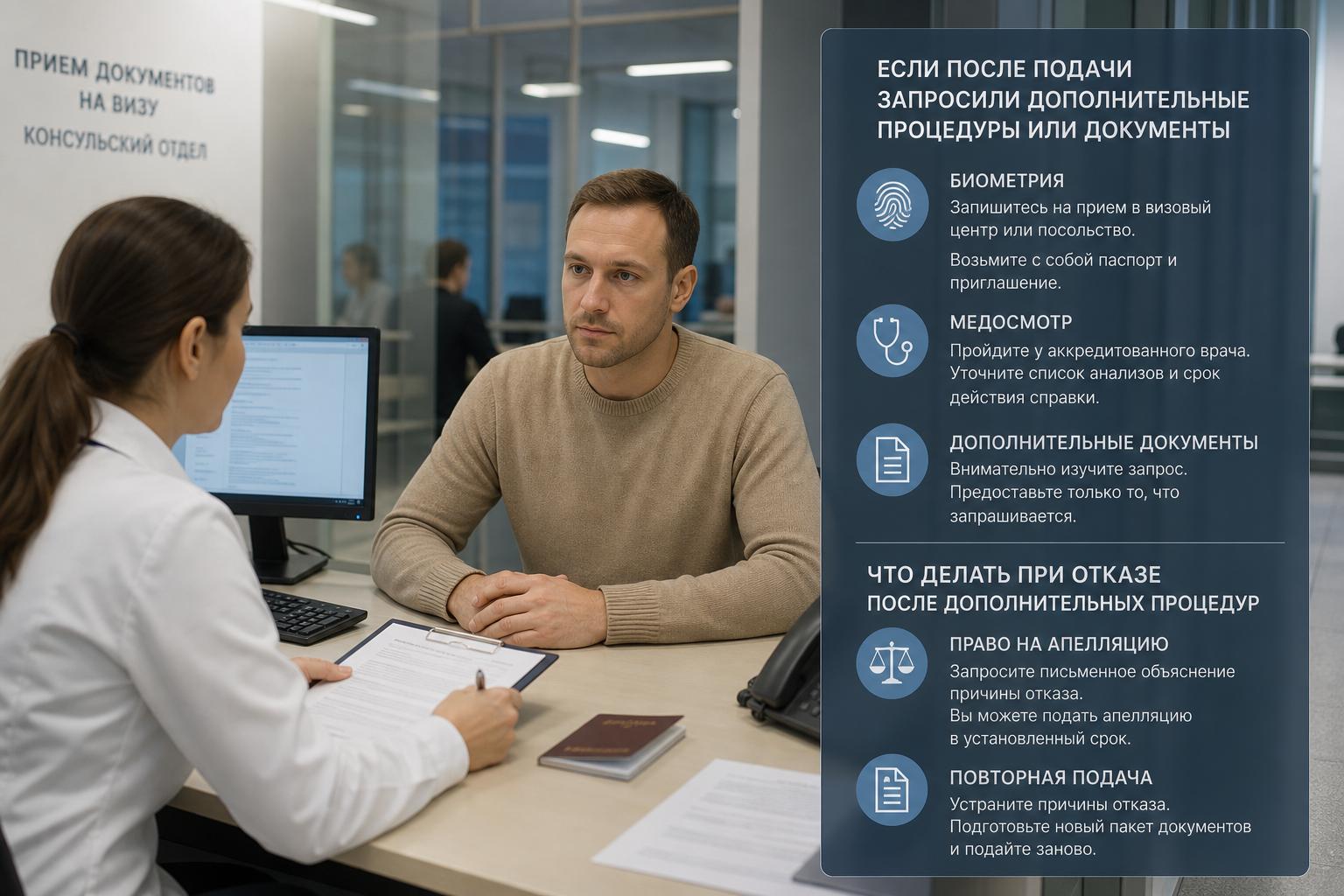 Что делать, если после подачи запросили биометрию, медосмотр или дополнительные документы?. Что делать при отказе после запроса дополнительных процедур
