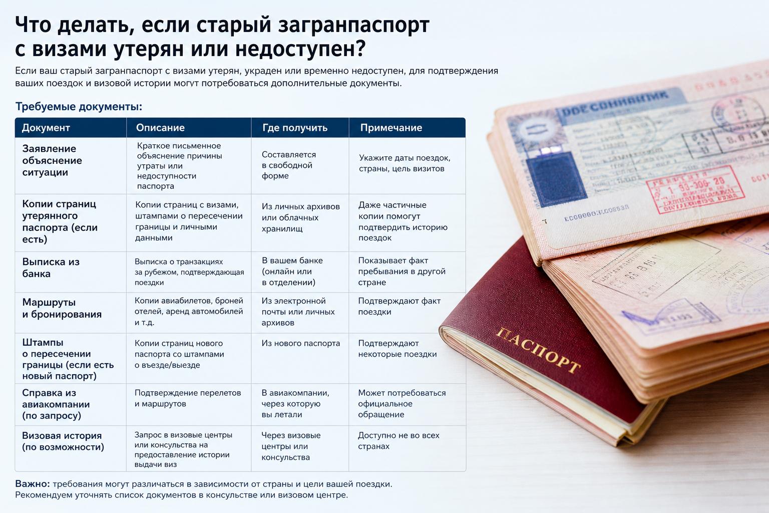 Что делать, если старый загранпаспорт с визами утерян или недоступен?. Требуемые документы: таблица для быстрого ориентира